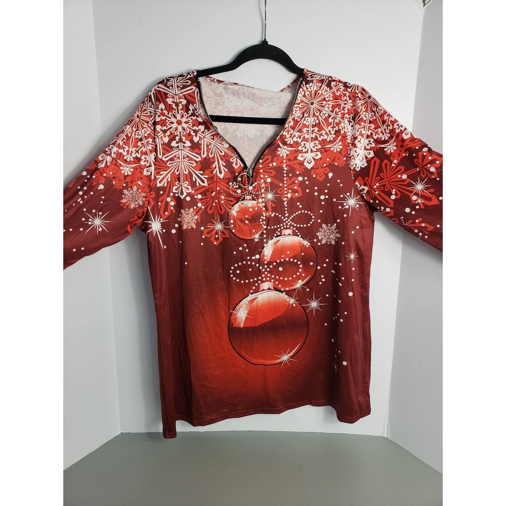 Womens 4XL Red Christmas Snowflake Ornament‎ Graphic Quarter Zip Long Sleeve Top